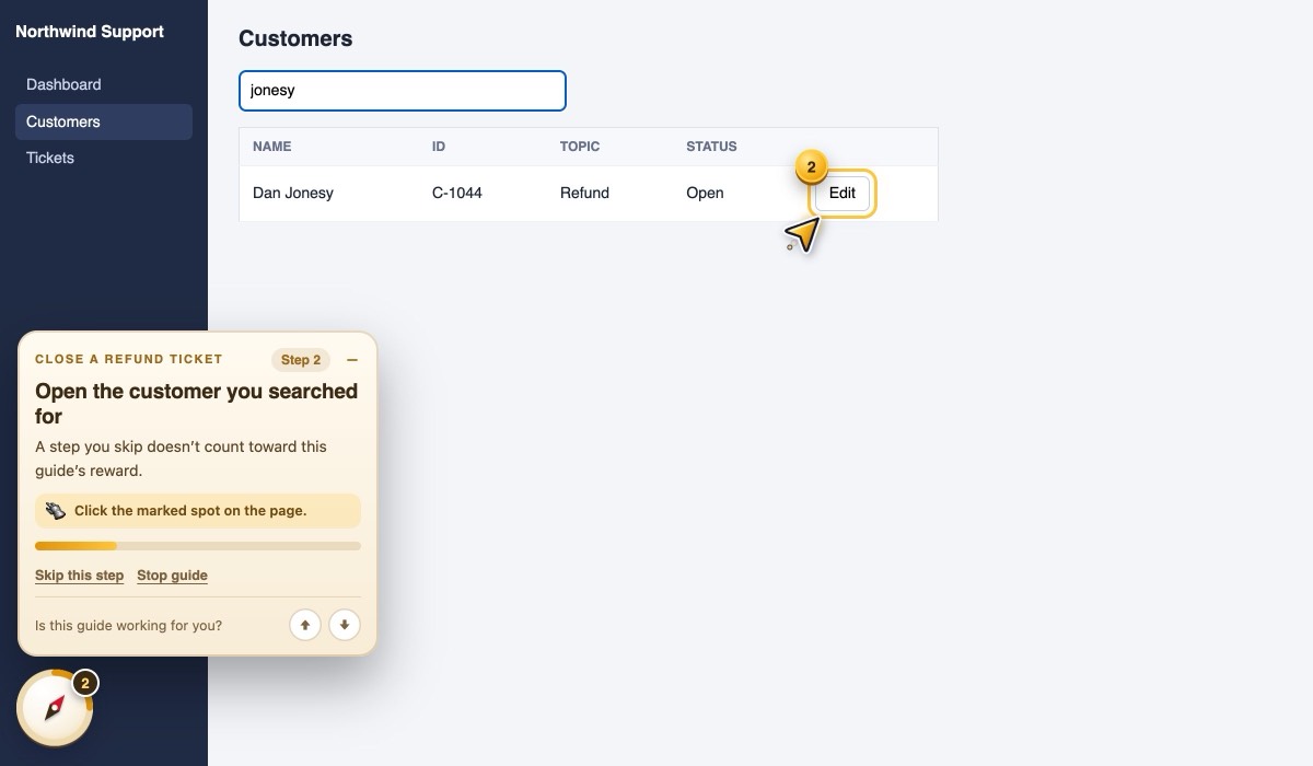 The guide card on step 2, with the Edit button of the searched-for row marked